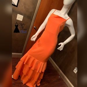 Orange Floor Length Spaghetti Strap Evening Dress